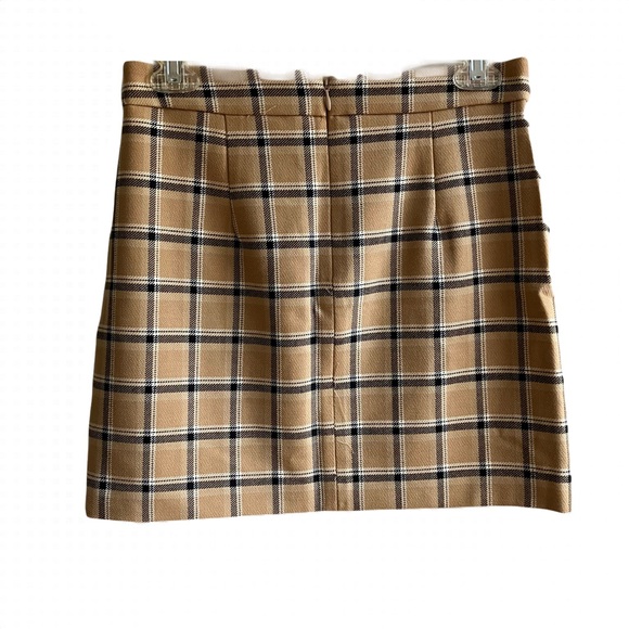 Wilfred Aritzia Plaid Mini Skirt Size 6 Tan Checkered Front Slit Preppy Academia - Picture 4 of 10